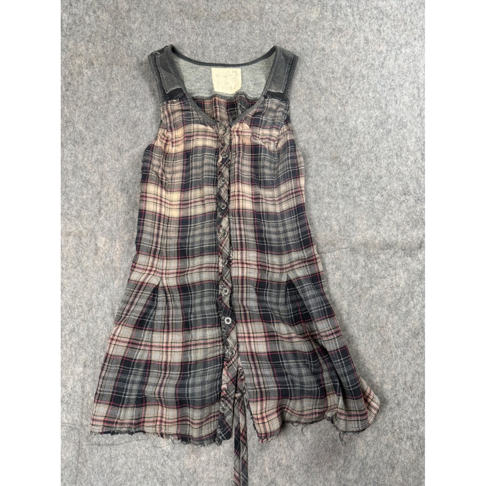 We The Free Plaid Tunic Dress Womens S Gray Cotton Lace Up Back Grunge Boho Top